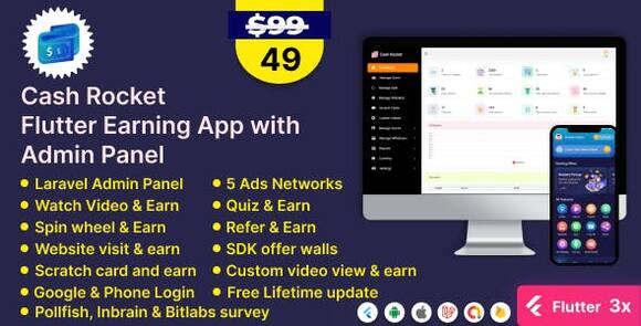 Cash Rocket Flutter Online Earning App with Admin Panel